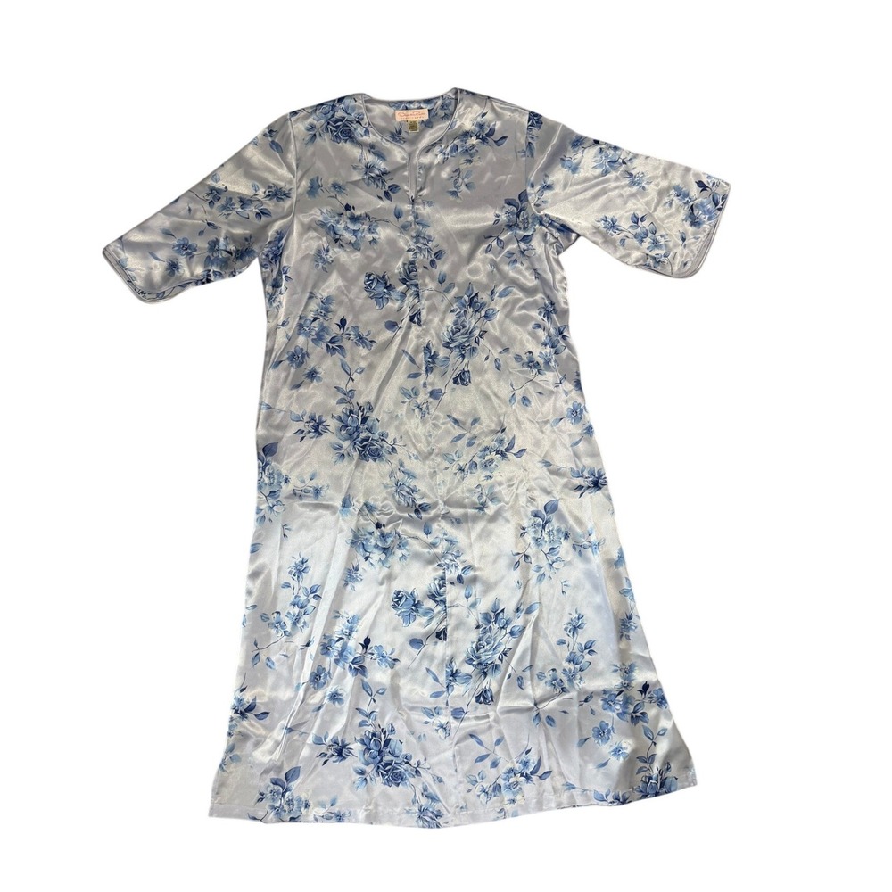 Oscar de la Renta Pink Label Blue Floral Satin Nightgown & Robe Set Large Y2K - Picture 11 of 16